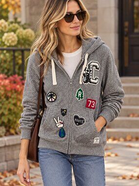 Roots Canada Gray Zip Hoodie Patchwork Varsity Collegiate Streetwear Size S 1528